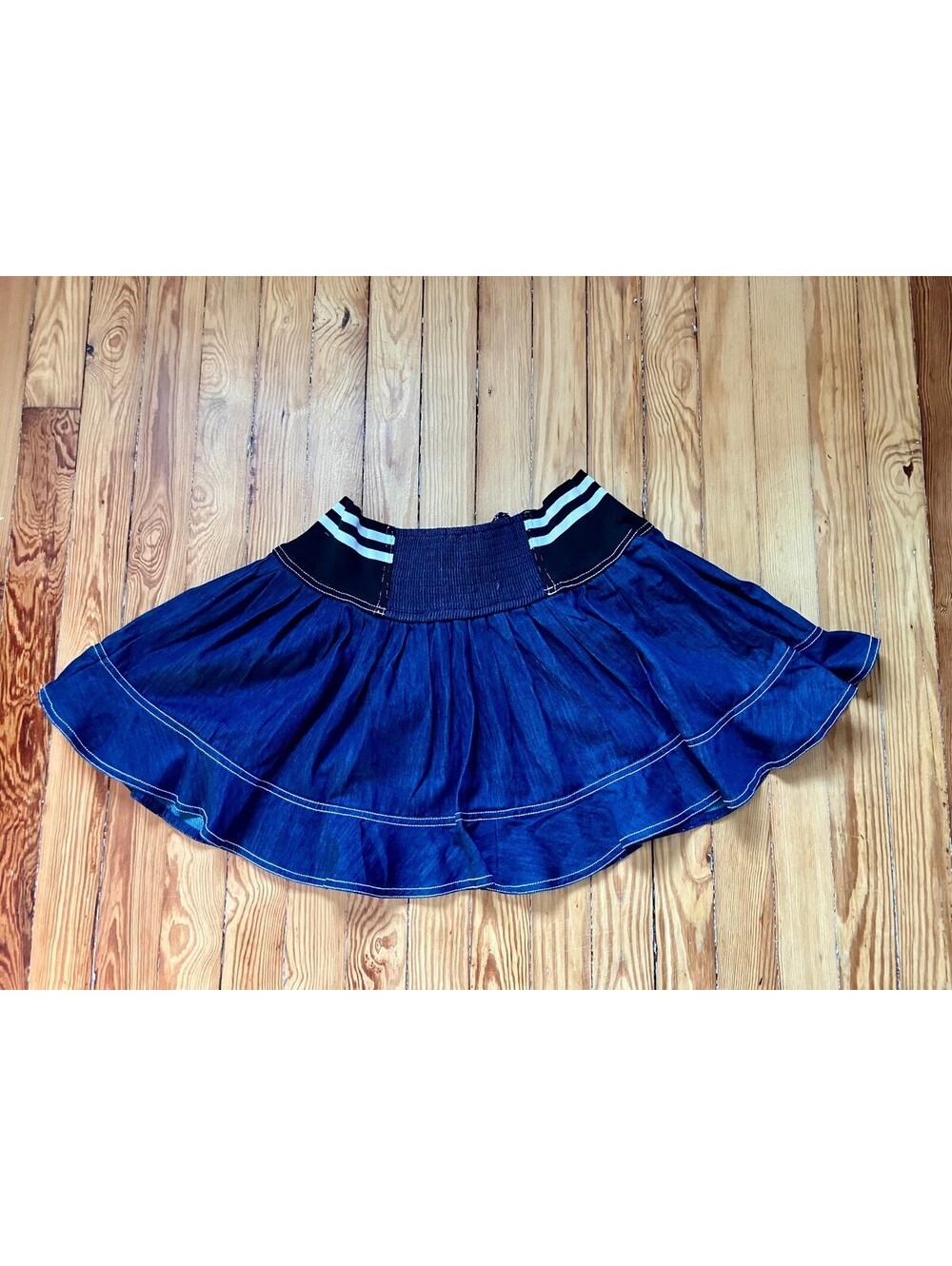 NWT Pilcro Anthropologie Dark Denim Circle Mini Skirt Striped Tie Sporty Prep L - Picture 4 of 11